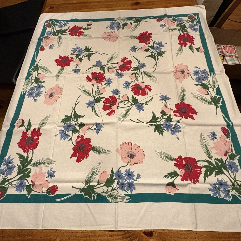 Vintage 1940S 50S 60S Tablecloth White Floral 44” X 50” Teal Red Green Blue Pink